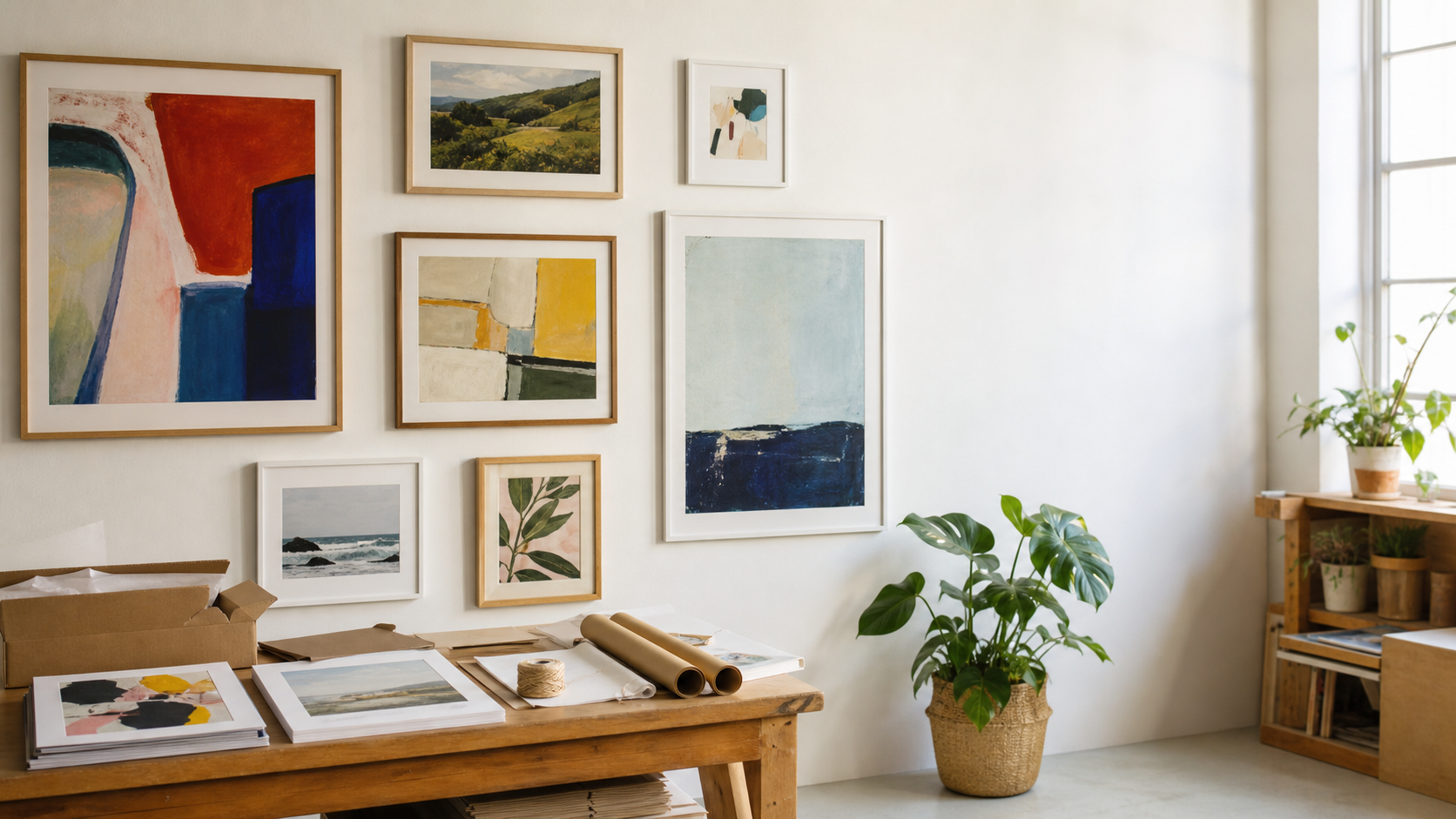 Curated wall gallery of framed artwork and packing table